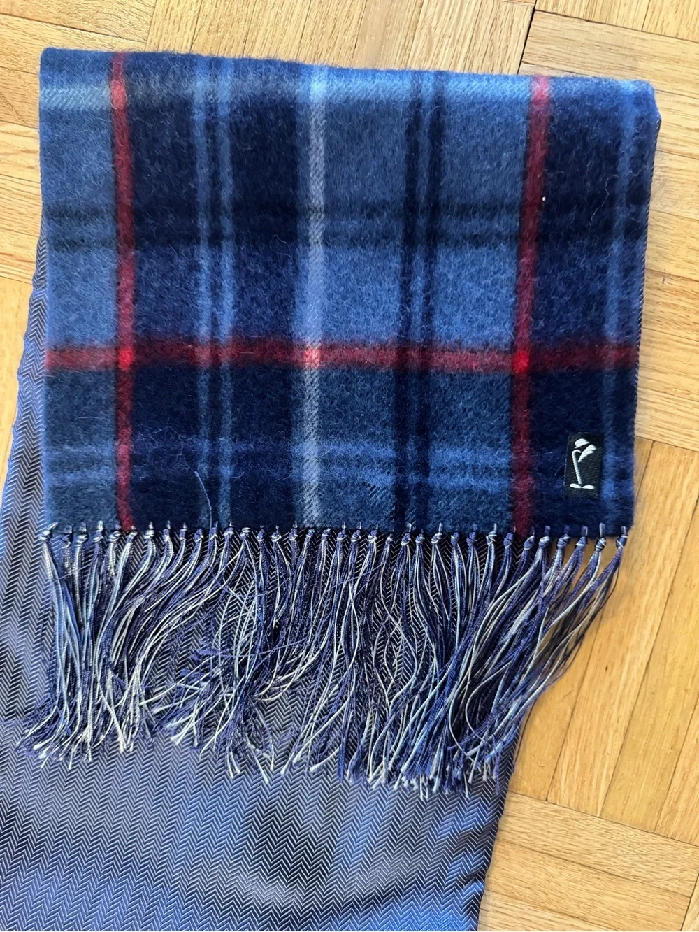 Silk Navy Plaid Fringe Scarf with Red Accents- Peckham Rye London